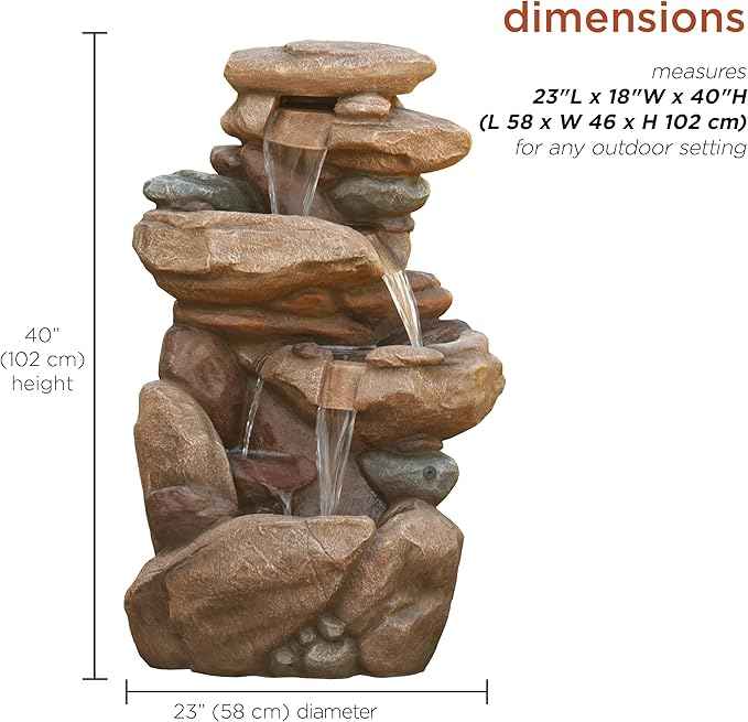 Alpine Corporation 40" Tall Floor Fountain, Tiered Rock Water Feature with Color-Changing LED & Remote, Cascading Streams for a Tranquil Garden, Patio, Yard, Deck, or Porch, Light Brown