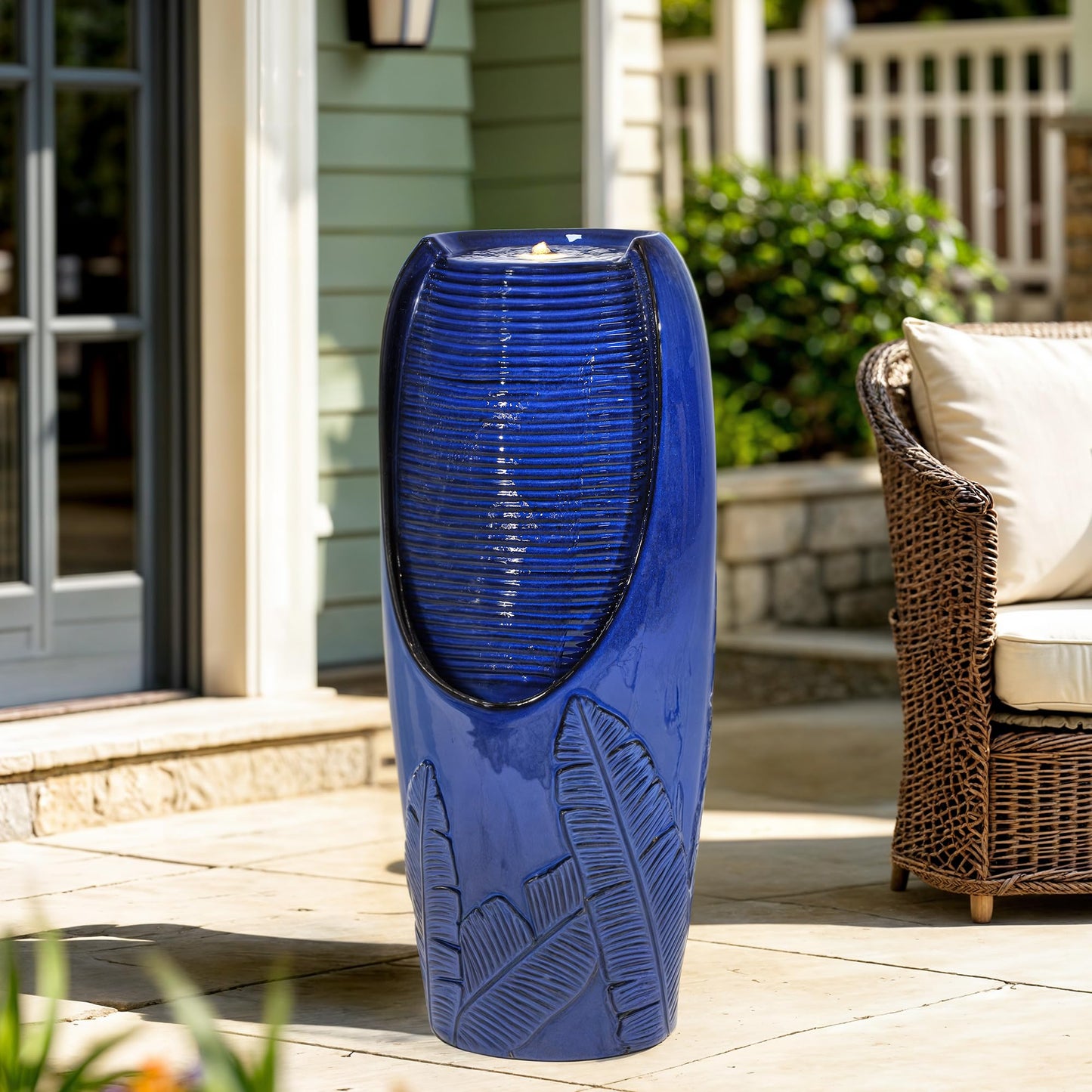 Autodaya 33" H Ceramic Jar Outdoor Water Fountain with Lights