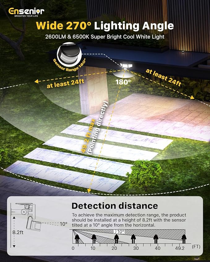 Ensenior Solar Motion Lights Outdoor, 228 LED Solar Security Lights with Remote Control, IP65 Waterproof 3 Heads Flood Light with 4 Modes, 270° Wide Angle Motion Sensor Light Outside - 4 Packs