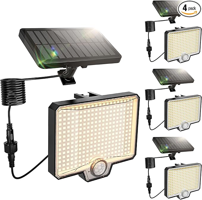 Solar Flood Lights Outdoor, 294 LED Motion Sensor Outdoor Lights, IP67 Waterproof Solar Flood Light for Outside, 3000LM Angle Adjustable Security Spot Lights for Porch Patio Yard Garage, 4 Pack 4000K