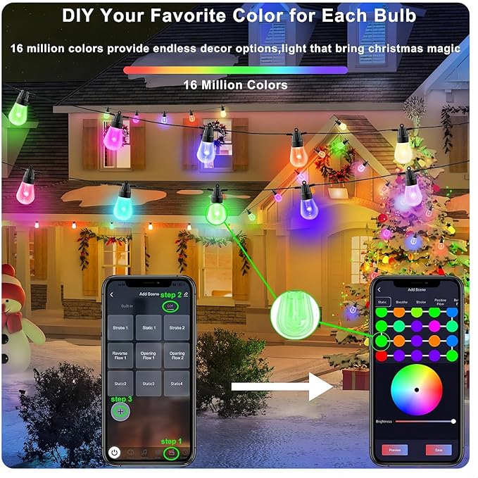 String Lights for Outside,49FT Outdoor String RGB Patio Lights with Waterproof 15 Bulbs,String Lights Patio with App & Remote, Color Changing String Light for Garden Yard Porch Party Decor