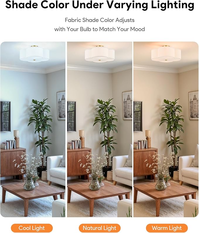 VONLUCE Semi-Flush Mount Ceiling Light, 15.8" Modern 4-Light Ceiling Light Fixture with White Clover-Shaped Shade 4 E26 Sockets for Bedroom Entryway Living Room, Gold Finish, ETL Certificated - Aura Lighting