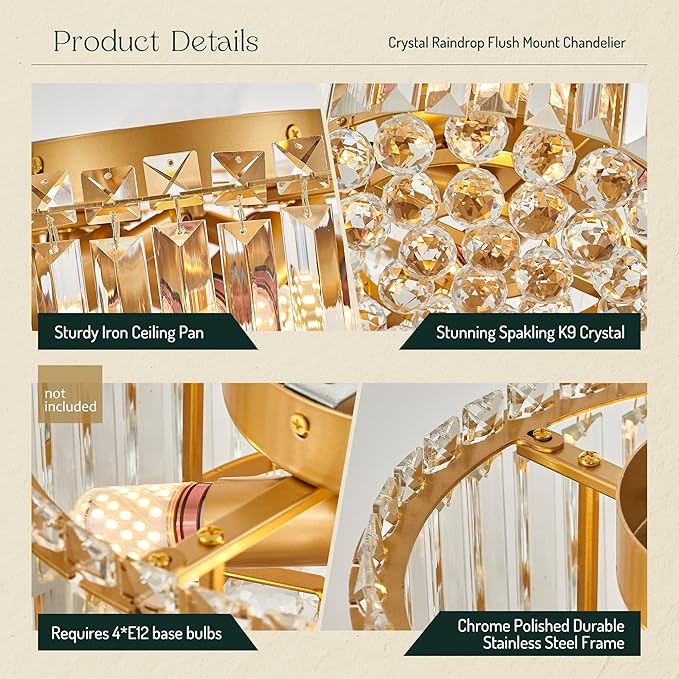 12.6" Gold K9 Crystal Raindrop Flush Mount Ceiling Light, Modern Chandelier, Round Luxury Light Fixture for Dining Room, Bedroom, Hallway, Kitchen Island & Living Room - Aura Lighting