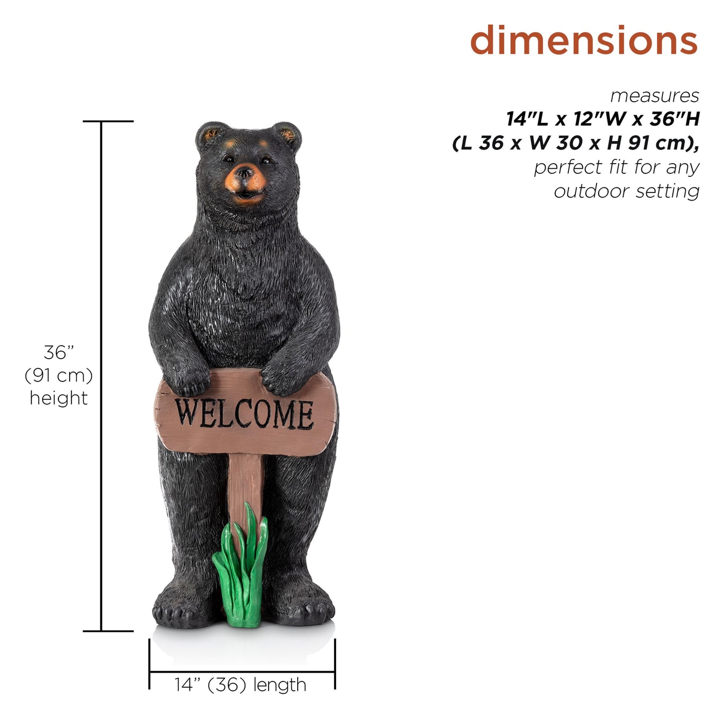 36" Tall Outdoor Standing Black Bear with Welcome Sign Yard Statue Decoration