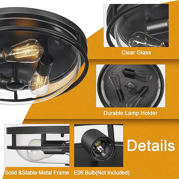16 Inch Flush Mount Ceiling Light with Clear Glass Shade, 3-Light Indoor Outdoor Farmhouse Lighting Flush Mount Lights for Kitchen Bedroom Porch Living Dining Room(Large) - Aura Lighting