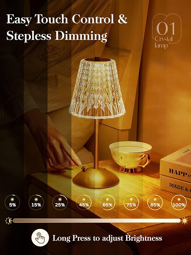【3200mAh】Brass Table Lamp, 3 Colors+Dimmable+Touch Crystal Lamp LED Gold Lamp, Mood Lighting Mood Light, Brass Decor for Bedroom/Bathroom/Kitchen/Dinner/Bar/Entryway/Buffet, Traditional Home Decor