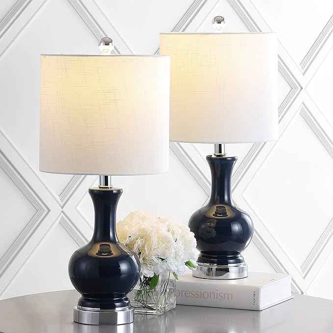 JONATHAN Y 21.5" Navy/Chrome Modern Glass Table Lamp Set of 2, Brass Gold Bedside Lamp with White Linen Shade for Bedroom Living Room, LED Bulbs Included (JYL4033C-SET2)