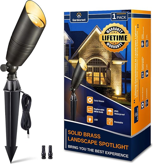 Gardenreet Landscape Spotlights Low Voltage - Brass 12V Outdoor Uplight LED, Wired Spot Lights IP65 Waterproof, Adjustable Focus Bronze for Exterior Garden Yard Tree House Without MR16 Bulb - Aura Lighting