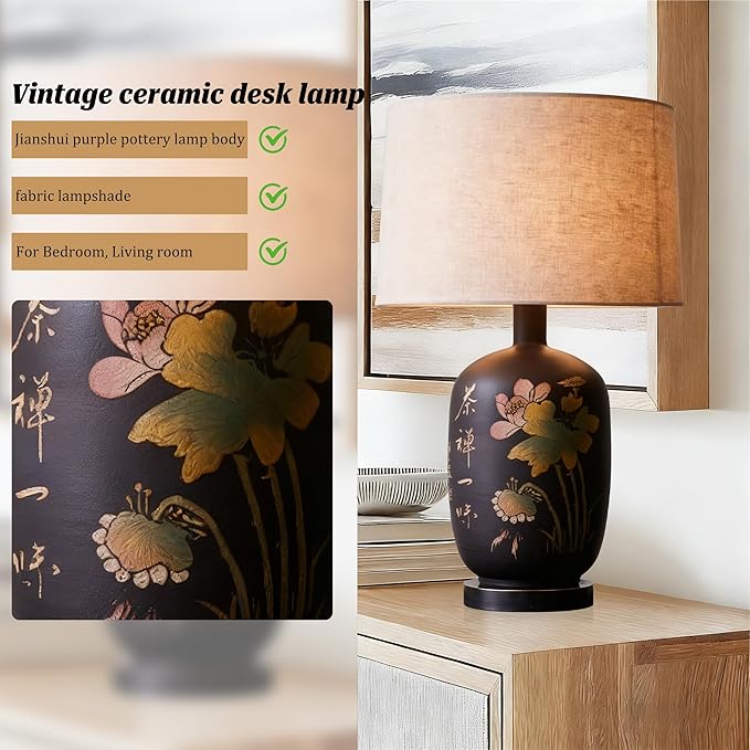 Jianshui Pottery Table Lamp with Lotus & Calligraphy Design, New Chinese Style Ceramic Lamp with Fabric Shade, 26.77” Tall, Soft Warm Light for Living Room, Bedroom, Guest Room & Reception Area