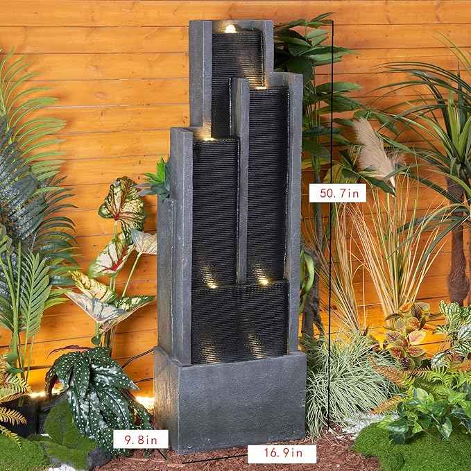 SunJet 5-Tier Modern Water Fountain, Indoor/Outdoor Resin Water Fountains with Soothing Water Sounds & Warm LED Light, Perfect for Garden, Patio, Home & Office, 16.9" L x 9.8" W x 50.7" H