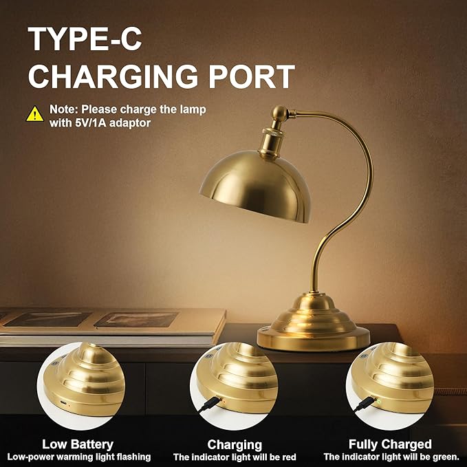 Cordless LED Table Lamp, 180° Swing Arm Desk Lamp, Rechargeable, Dimmable/3 Color/Memory Function, Vintage Rechargeable Table Light for Living Room,Bedroom,Bedside, Brass - Aura Lighting