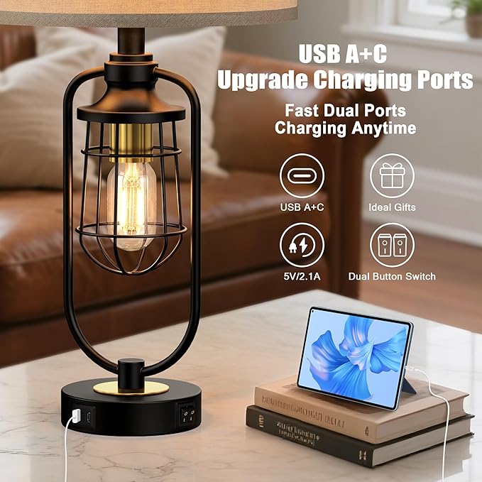 Table Lamps for Living Room Set of 2, Farmhouse Lamps for Night Stands, Industrial Bedside Lamps for Bedroom End Table with USB A+C, Bulbs Included