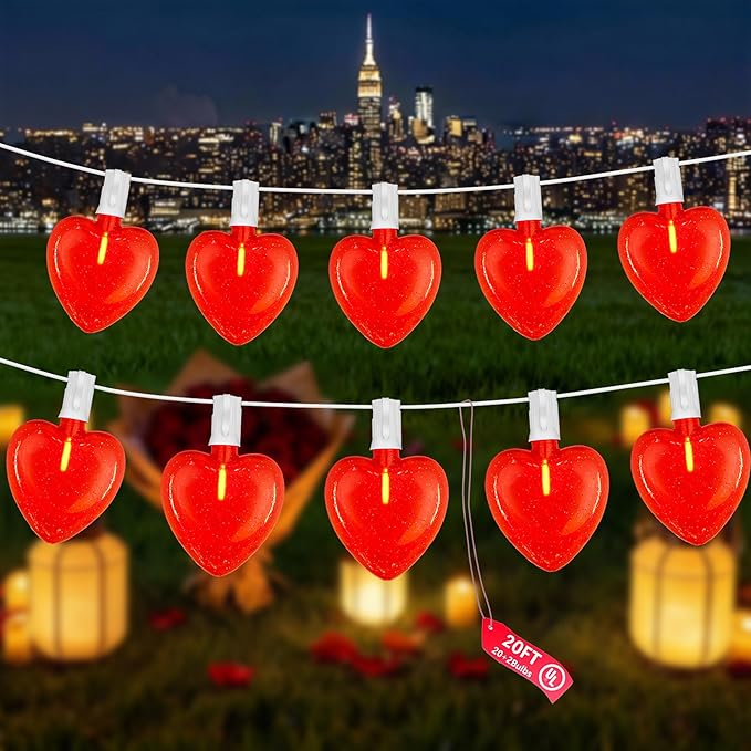 20Ft Valentine's Day Lights Outdoor with Glittering 3D Red Heart Shaped Lights, 22 Dimmable LED Bulbs(2 Spare) Waterproof for Indoor and Outdoor Wedding Anniversary Party Valentine's Day Decorations