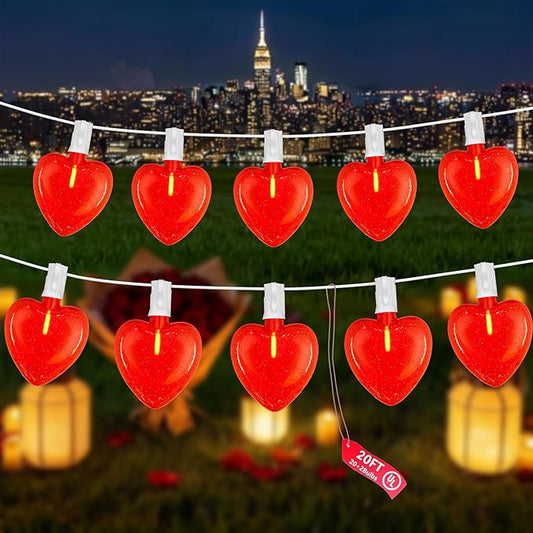 20Ft Valentine's Day Lights Outdoor with Glittering 3D Red Heart Shaped Lights, 22 Dimmable LED Bulbs(2 Spare) Waterproof for Indoor and Outdoor Wedding Anniversary Party Valentine's Day Decorations