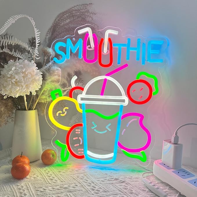 Smoothie Neon Sign, Neon Lights Hanging Wall Art Decoration for Juice Bar Restaurant Store Shop Market Food Truck Cafe Home Decor, USB Powered Ultra Bright Dimmable,15.35×12.6inches