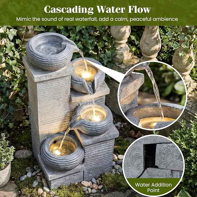 Giantex 4-Tier Water Fountain Outdoor, 23 Inch Cascading Bowls Waterfall Fountain with Warm LED Lights & Pump, Outside Zen Water Feature for Patio, Balcony, Deck, Garden, Yard Decor