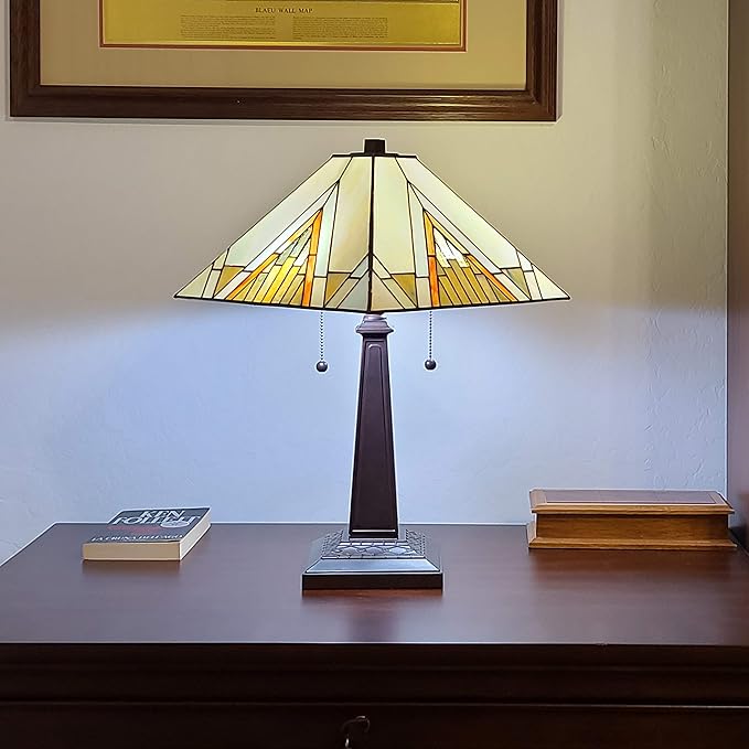 Tiffany Style Table Lamp Banker Mission 23" Tall Stained Glass Tan Brown Vintage Antique Light Décor Night Stand Living Room Bedroom Handmade Gift AM348TL14 Amora Lighting