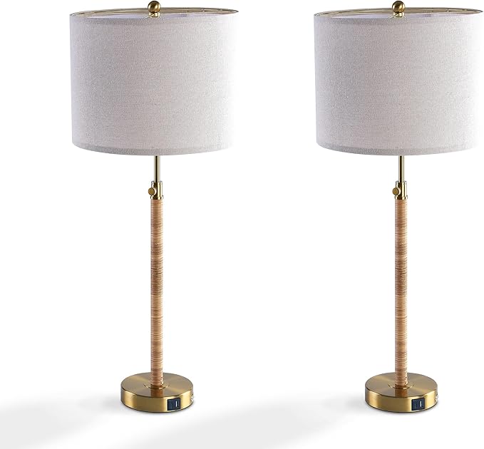 Maxax Rattan Buffet Table Lamp Set of 2 for Living Room, 26" to 33" Height Adjustable Tall Skinny Farmhouse Gold Bedside Nightstand Lamp with USB A+C Ports for Bedroom End Table