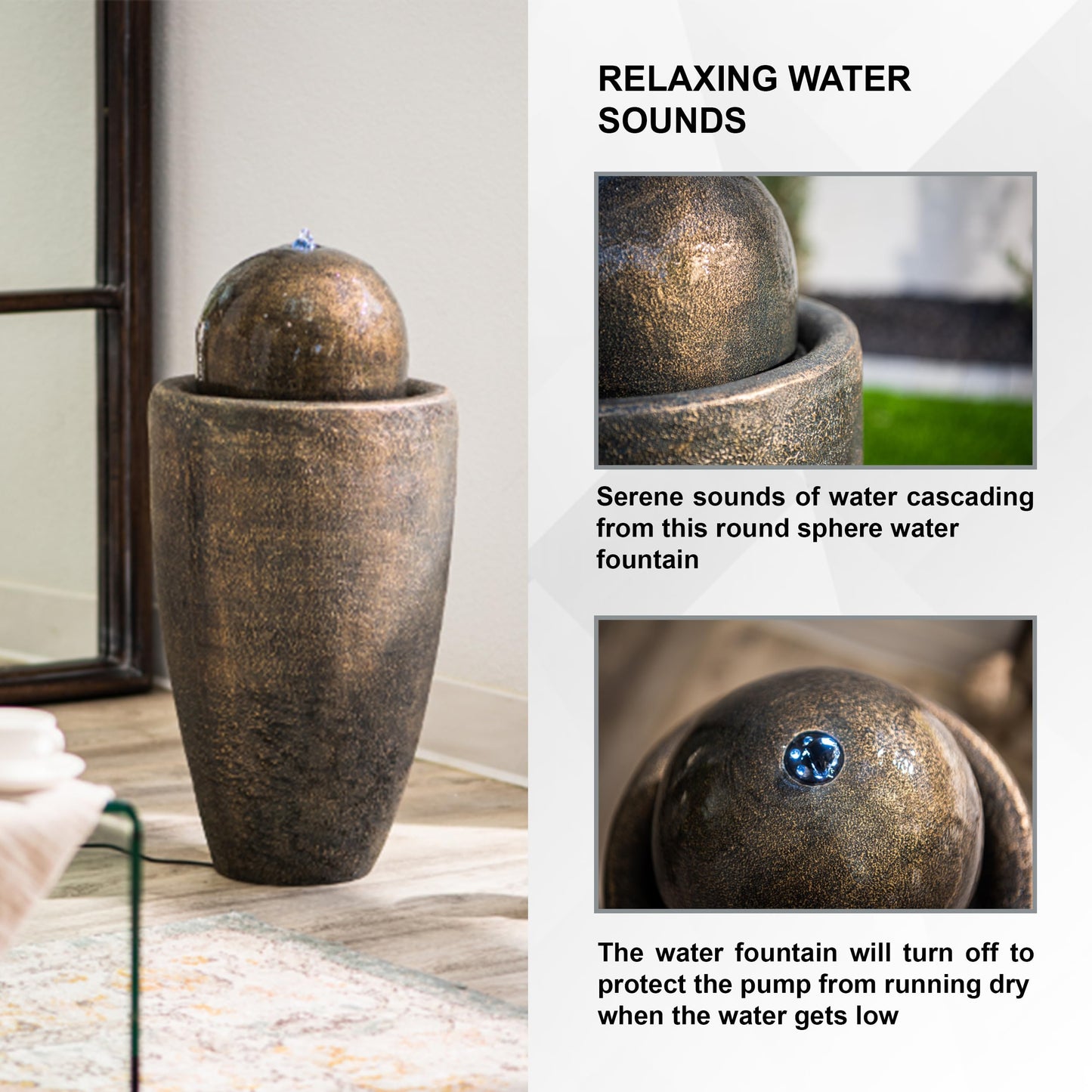 25.98" Modern Sphere Water Fountain with LED Light