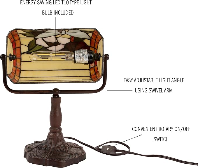 Tiffany Style Bankers Lamp-Stained Glass Butterfly Design Table or Desk Light LED Bulb Included-Vintage Look Colorful Accent Decor by Lavish Home