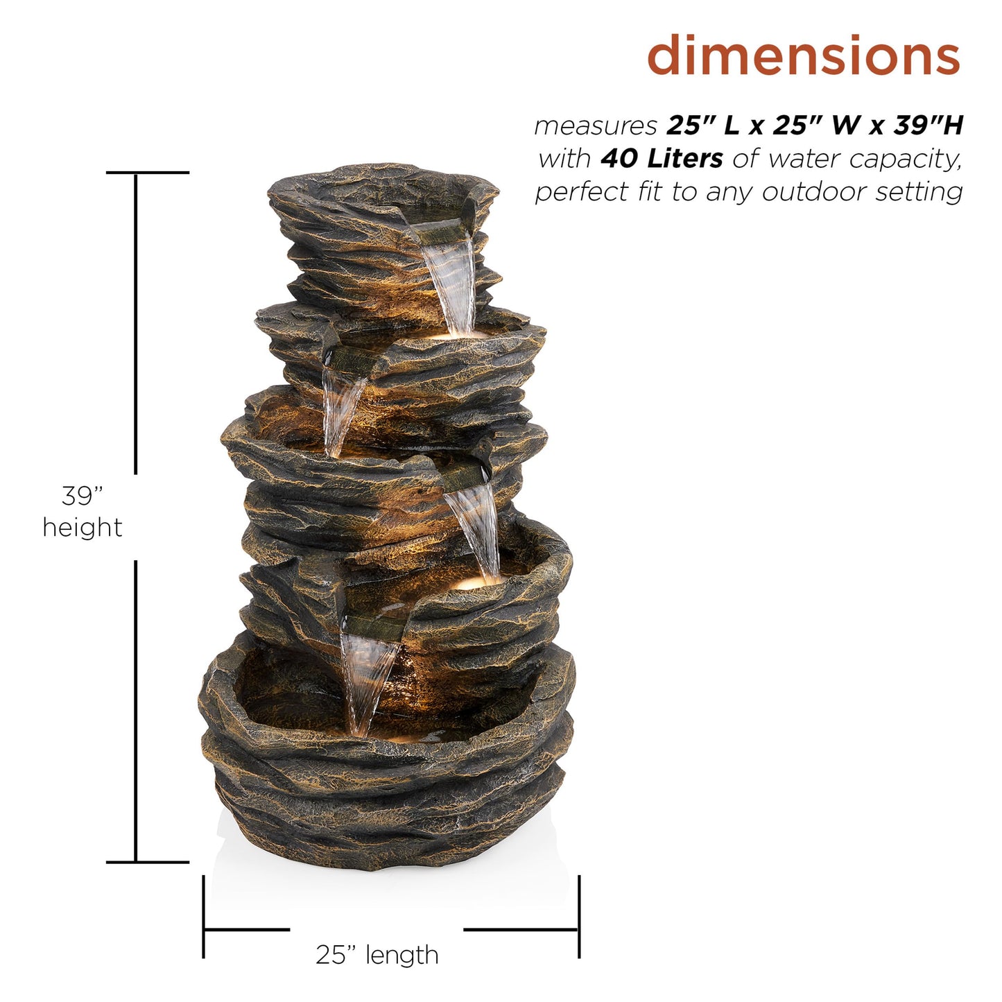 39" Tall Outdoor 5 Tiered Natural Look Rock Water Floor Fountain with Replaceable Lights