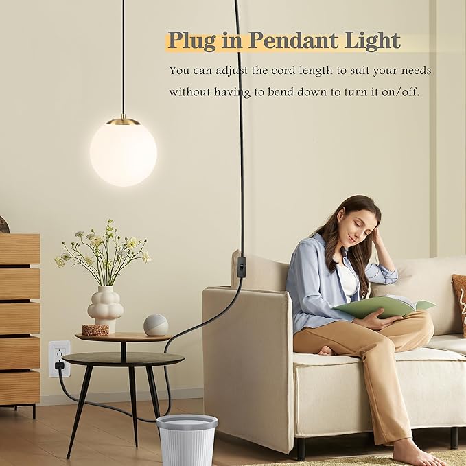 KoKo&Yukina 8" Globe Pendant Light Gold Plug in Pendant Light Adjustable Hanging Lights with Plug in Cord Brushed Gold Finished with Milk Glass Lampshade for Bedroom Kitchen Island（Bulb Included）