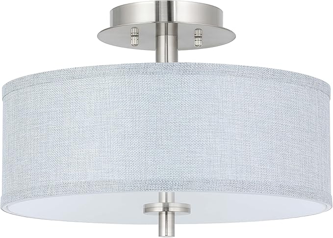 XiNBEi Lighting Semi Flush Mount Ceiling Light, 14" Drum Light Fixture with Grey Fabric Shade, 3-Light Brushed Nickel Ceiling Lamp for Bedroom Living Room Kitchen Hallway