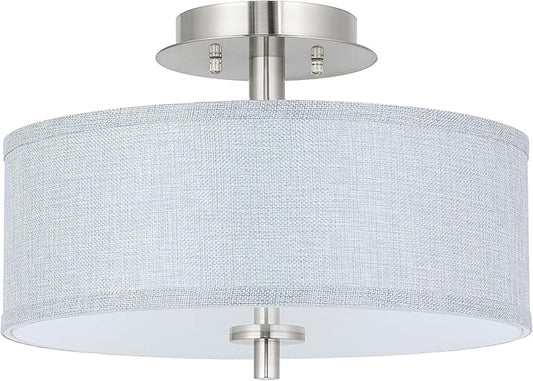 XiNBEi Lighting Semi Flush Mount Ceiling Light, 14" Drum Light Fixture with Grey Fabric Shade, 3-Light Brushed Nickel Ceiling Lamp for Bedroom Living Room Kitchen Hallway