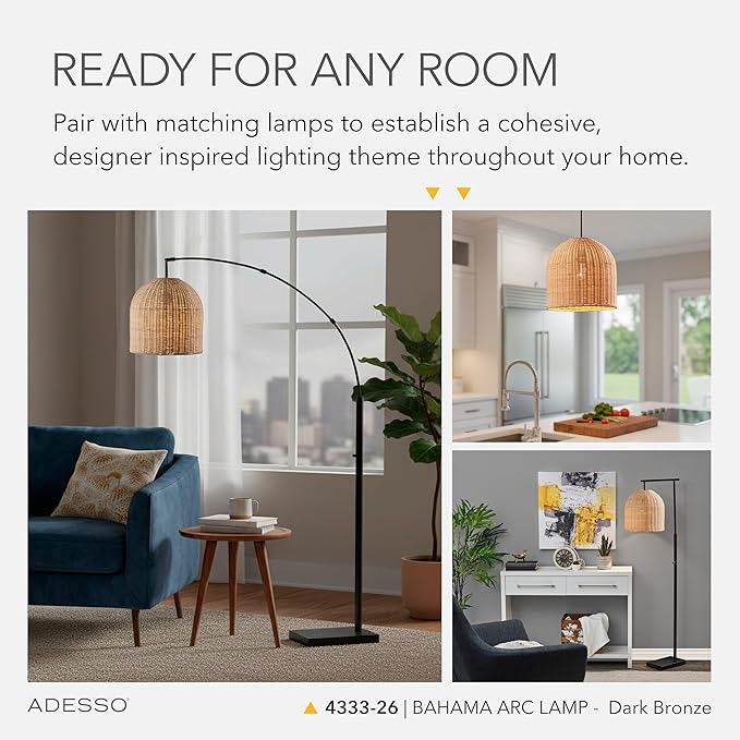 Adesso Bronze Arc Floor Lamp with a Rattan Shade – Modern, Coastal Overhead Accent Light for Bedroom, Living Room, or Home Office, 80” Tall