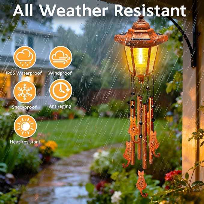 Large Solar Cat Wind Chimes, Gifts for Women Mom Grandma Wife Sister Daughter Neighbor Nana, Classic Bronze Wind Chimes With Wind Catcher, Solar Decor Lights For Outdoor Garden Patio Yard Porch Window