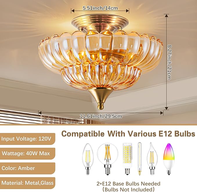 FTL Semi Flush Mount Ceiling Light Fixture, Gold Vintage Scalloped Amber Glass Chandelier, 2-Light Close to Ceiling Light Fixtures for Bedroom Kitchen Foyer Entryway Hallway