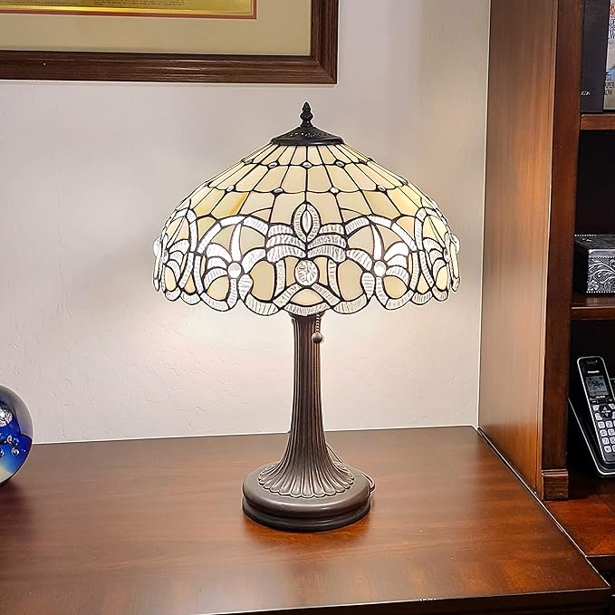 Tiffany Style Table Lamp Banker 24" Tall Stained Glass White Grey Jeweled Beads Vintage Antique Light Décor Living Room Bedroom Handmade Gift AM293TL16B Amora Lighting