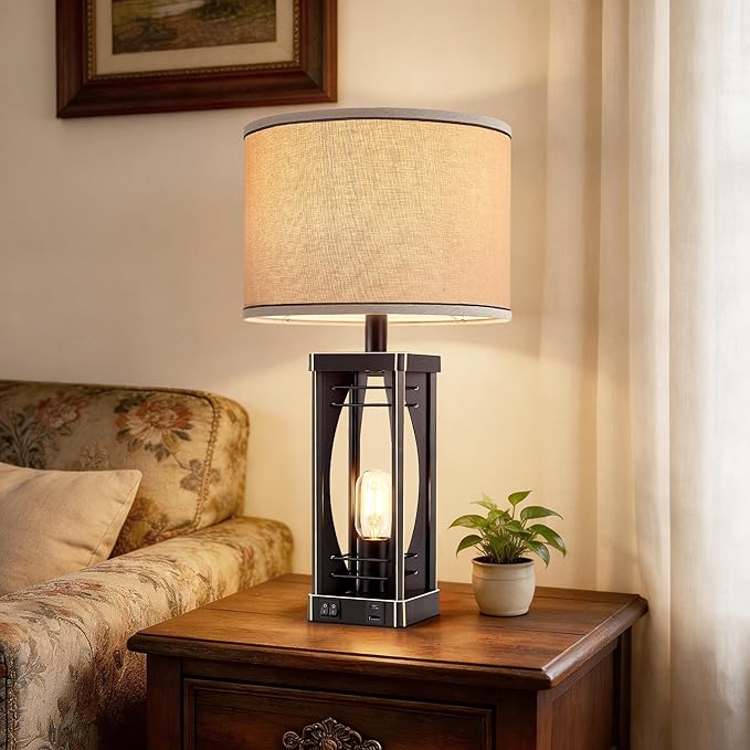 SRJJA Farmhouse Table Lamps Set of 2 for Living Room, Rustic Industrial Bedside Lamps with USB A+C Charging Ports, 22.5" Dual Light Nightstand Lamp with Linen Shade for Bedroom End Tables
