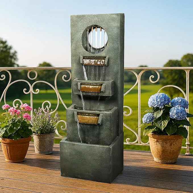Naturefalls 39.3” H Modern Outdoor Fountain - 4-Tiered Outdoor Garden Fountains with Contemporary Design&LED Light for Garden, Patio, Deck, Porch, Backyard and Home Art Decor