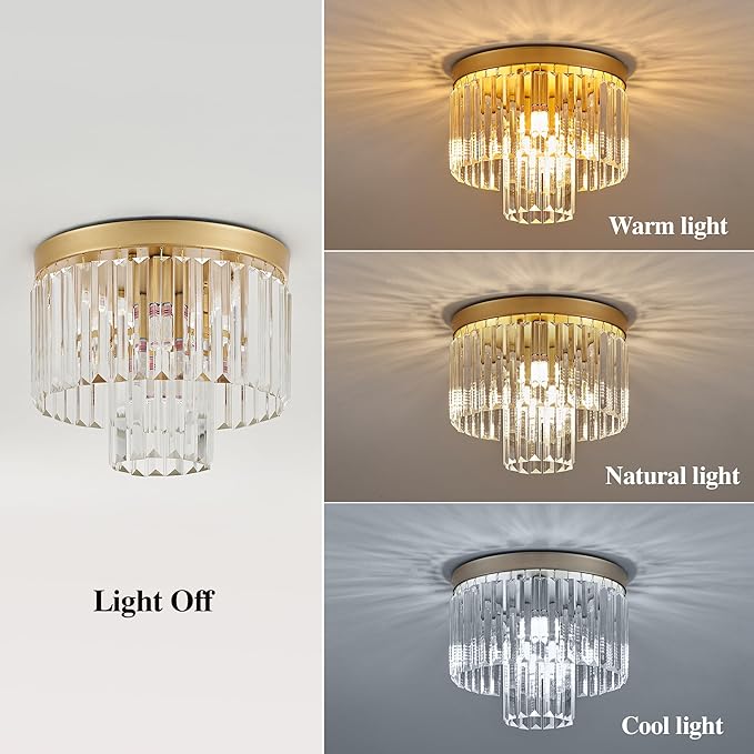 12.6" Gold Crystal Modern Crystal Ceiling Light Fixture, 2-Tier Luxury K9 Crystal, for Dining Room, Kitchen, Island, Living Room, Bedroom - Aura Lighting