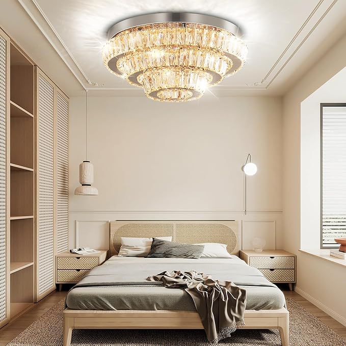 Modern 16.5" Crystal Chandelier Flush Mount, 3-Tier Round 50W Dimmable LED Ceiling Light with Remote, K9 Crystal Ceiling Fixture for Bedroom Living Room Dining Room, Low Ceilings
