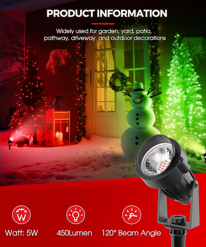 L LOHAS LED Christmas Spotlight Outdoor, Red Spot Lights for Yard, Auto On/Off 5W 120V Landscape Lighting for House, Holiday, Trees, Decoration, 450LM IP66 Waterproof, UL Listed, 2 Pack - Aura Lighting