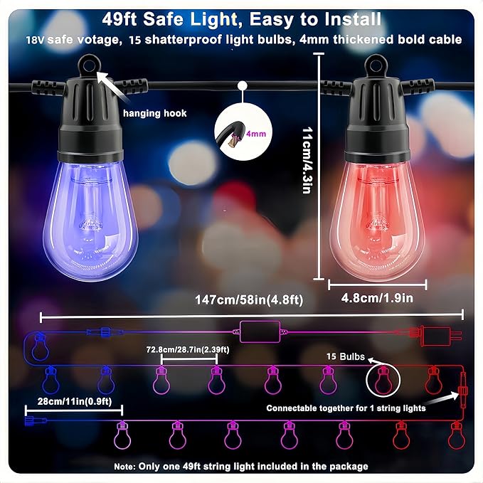 String Lights for Outside,49FT Outdoor String RGB Patio Lights with Waterproof 15 Bulbs,String Lights Patio with App & Remote, Color Changing String Light for Garden Yard Porch Party Decor