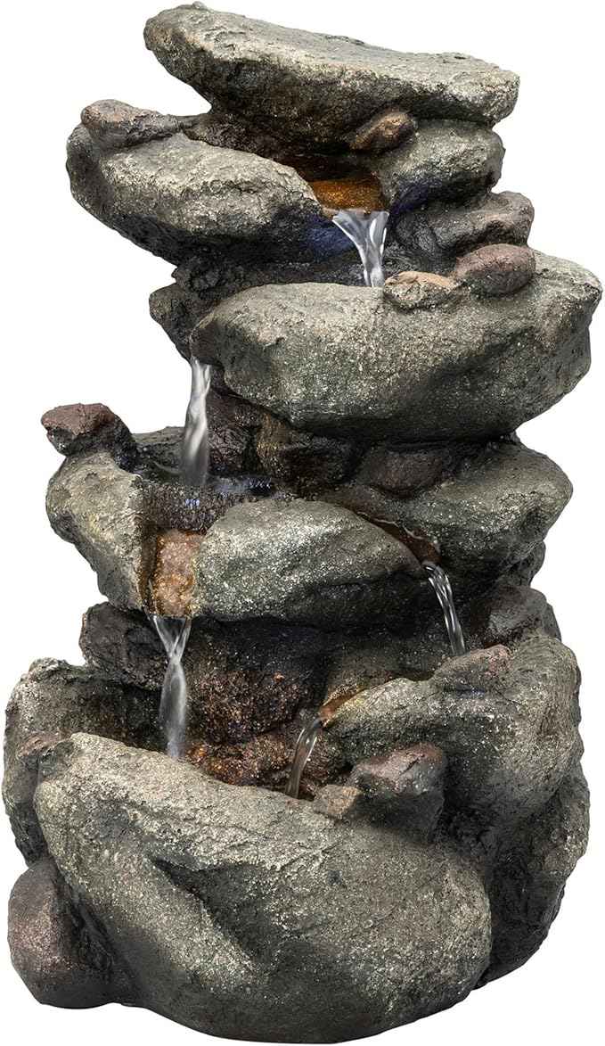 Alpine Corporation TZL154 14" Indoor Tabletop Rainforest Rock Water Fountain with LED Lights, Tiered Desktop Fountain for Home and Office Décor, Gray