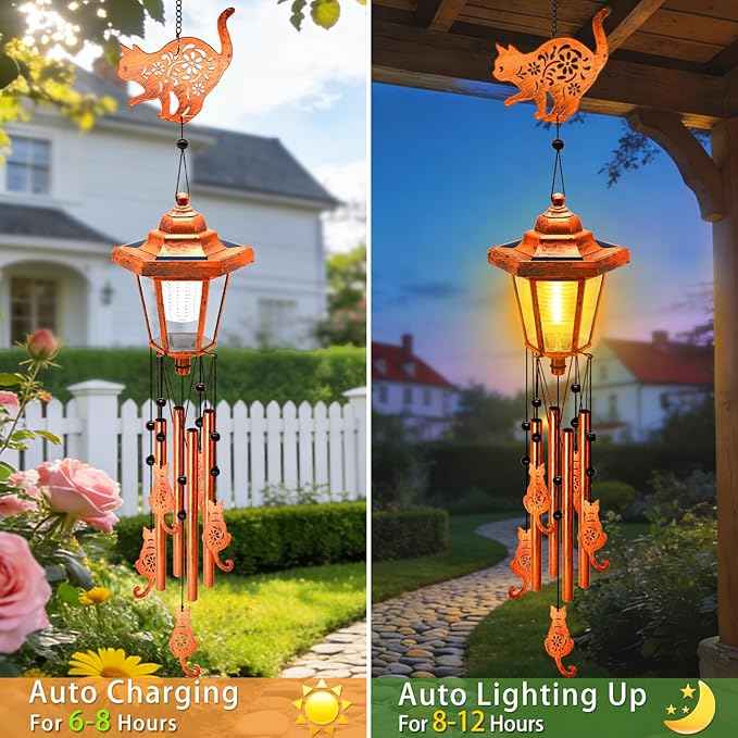 Cat Solar Wind Chimes for Outside, Birthday Gifts for Mom Women Grandma Mother's Day Memorial, 34-Inch Windchimes with Wind Spinner, Outdoor Hanging Solar Lights Waterproof Patio Yard Garden Decor