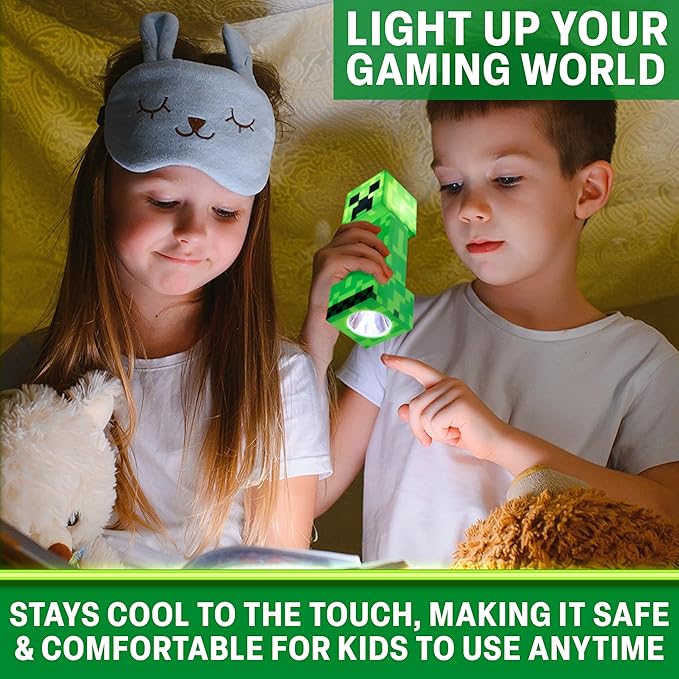 Minecraft Creeper Torch Night Light for Kids, 2-in-1 Flashlight and Lamp with USB and Battery Power, Bedroom Decor, Desk Light, Gamer Gifts for Boys