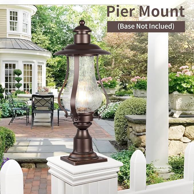 Treekee Outdoor Post Light Fixture, Vintage Brown Pole Lantern with Wood Grain Glass, Farmhouse Exterior Post Lamp with E26 Socket for Garden, Pathway, Patio, Porch, Courtyard, Driveway, Street - Aura Lighting