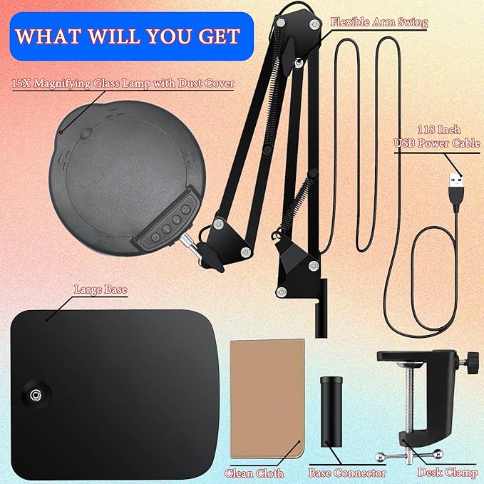 15X Magnifying Glass Desk Lamp with Clamp and Base, Real Glass Lens, 84 LEDs, 5 Color Modes Dimmable, Led Lamp Magnifier with Dust Cover, Clean Cloth, Ideal Gift for Seniors, Crafters, Hobbyists - Aura Lighting