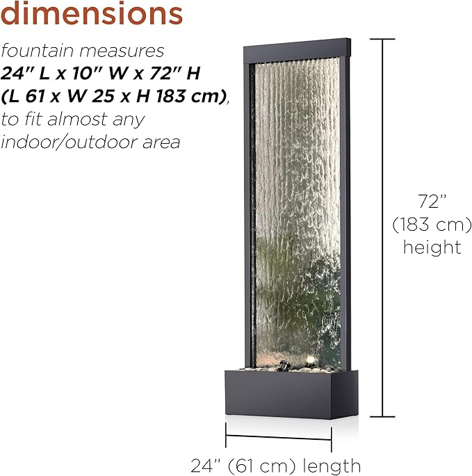 Alpine Corporation Mirror Waterfall Fountain with Stones and Lights - Zen Indoor/Outdoor Decor for Office, Living Room, Patio, Entryway - 72 Inches