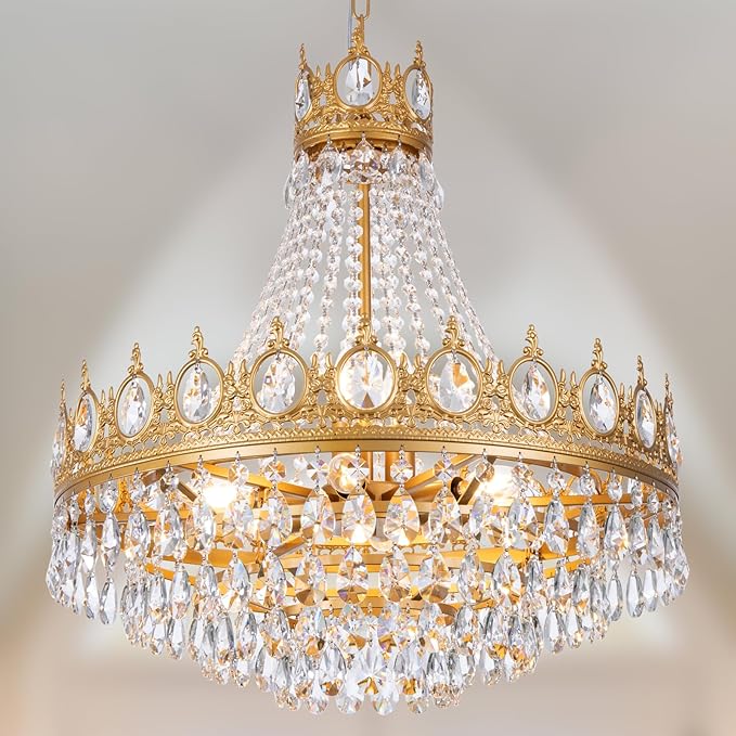 TOCHIC Gold Chandelier French Empire Crystal Chandeliers, 9-Light Modern Luxury Ceiling Light Fixture for Dining Living Room, Bedroom, Kitchen Island, Bathroom, Foyer, 24" W x 24.5" H