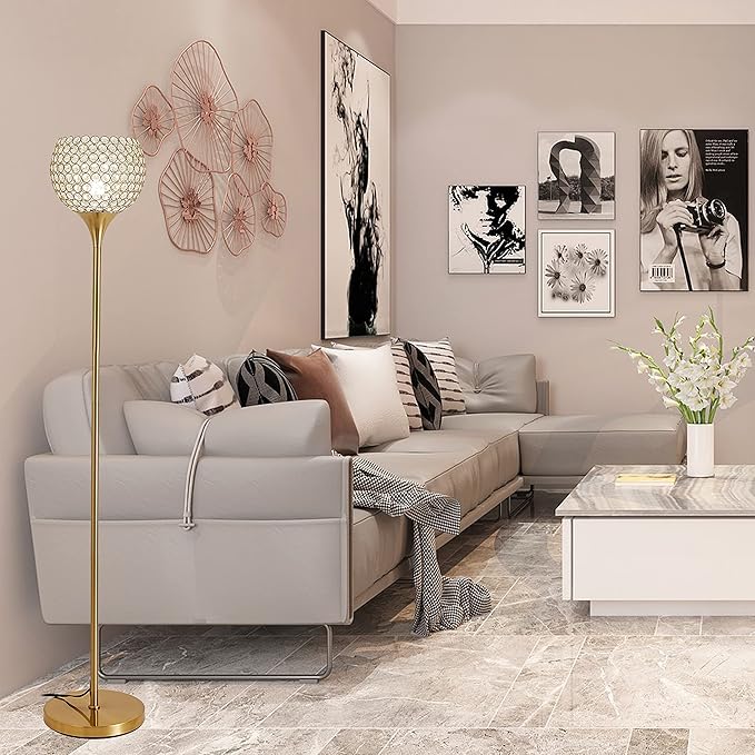 DFL Spherical Gold Crystal Floor Lamp, 8.7 inch Modern Standing Lamp with Elegant Shade , Tall Pole Accent Lighting for Living Room,Girl Bedroom, Dresser, Office, Foot Switch, LED Bulb Included - Aura Lighting