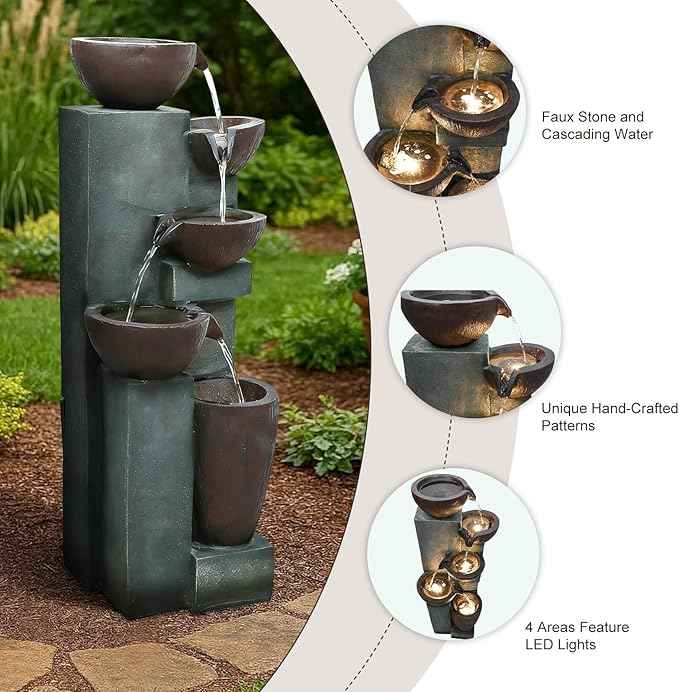 Naturefalls 39.7" Tall Outdoor Water Fountain and Waterfalls - Large Garden Fountain with LED Lights, 5-Tier Cascading, Indoor and Outdoor Fountains for Garden, Patio, Deck, Porch, Backyard and Home
