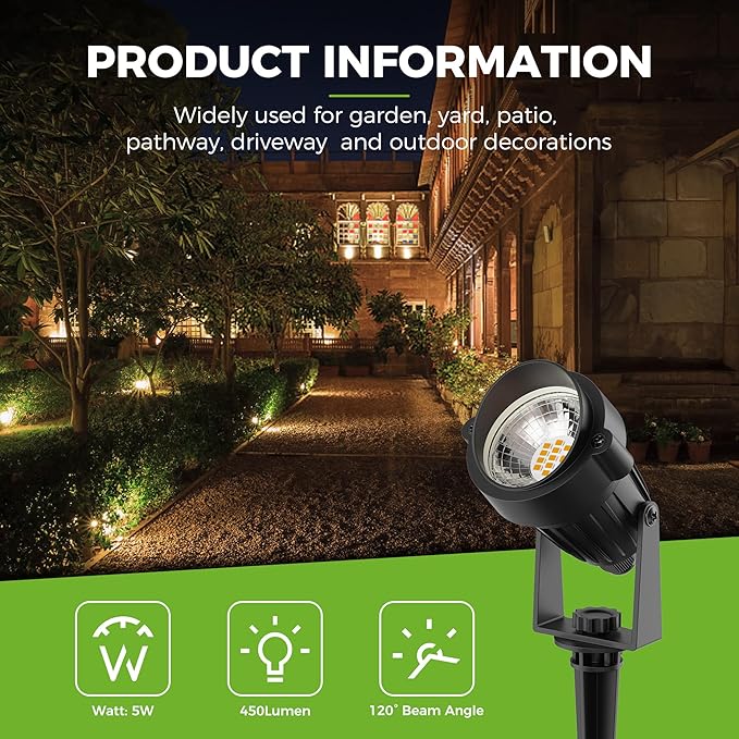 L LOHAS LED Landscape Spot Lights Outdoor, Dusk to Dawn Sensor 5W LED Spotlights for Yard, 120V 450LM Pathway Garden Outside Lights, 9.84-ft Cord, IP66 Waterproof 3000K Warm White, UL Listed 1 Pack - Aura Lighting