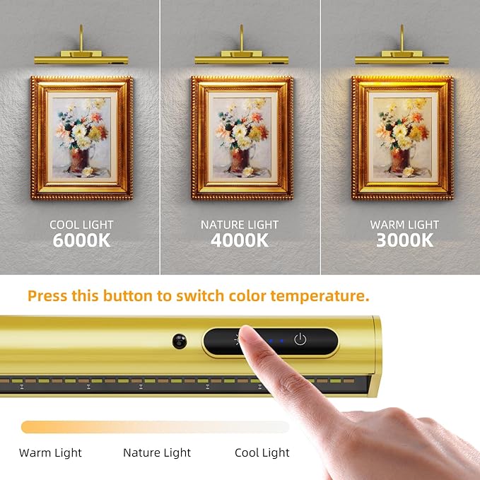 Wireless Picture Light, Battery Operated LED Painting Lights with Remote Control, Dimmable, Timer for Art Frame (Gold-13.8inch)