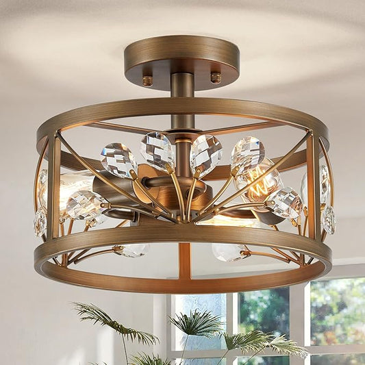 WUZUPS Crystal Leaf Chandelier 3-Light Vintage Farmhouse Industrial Semi-Flush Mount Ceiling Light Modern Lighting Fixture Foyer Hallway Storage Room Kitchen Bathroom, H 8.5" W 12", Oil Rubbed Bronze